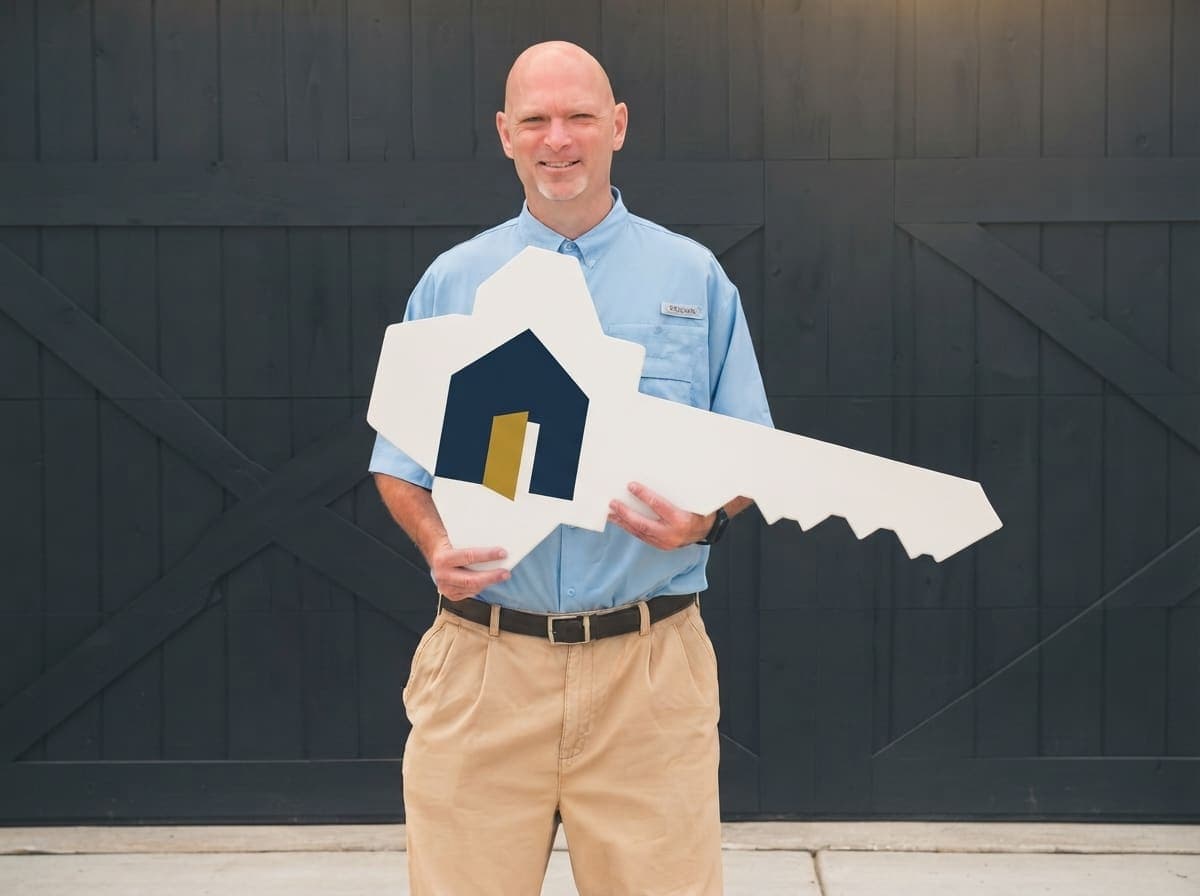 A HomeStart member holding an oversized house key in front of a dark barn door on closing day